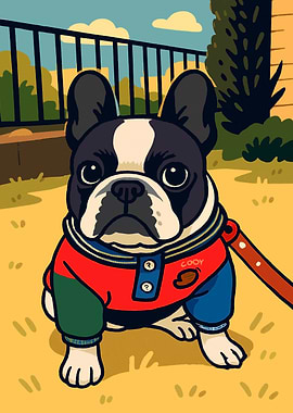 Cartoon French Bulldog with Colorful Outfit