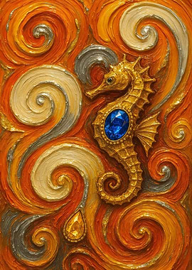Golden Seahorse with Blue Gemstone