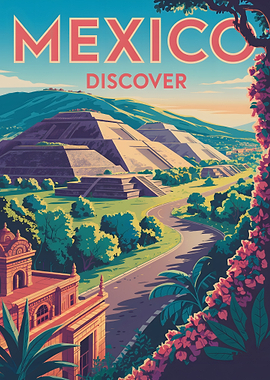 Mexico Travel Poster: Teotihuacan Pyramids