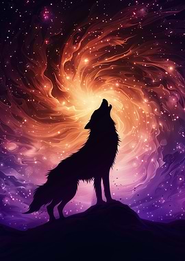 Wolf howling at cosmic vortex sky