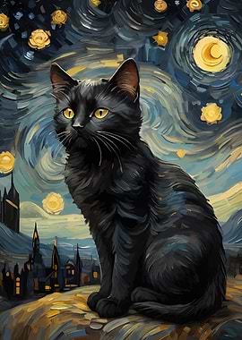Black Cat in Starry Night Style