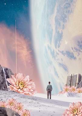 Surreal Space Landscape with Flowers