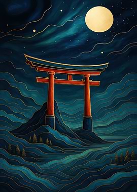 Japanese Torii Gate Under Moonlight