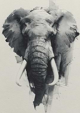 Elephant Portrait in Grayscale Watercolor Style