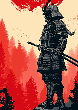 Samurai Warrior in Red Forest