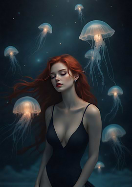 Redhead with Jellyfish in Dark Blue