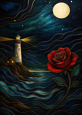 Lighthouse, Rose, and Moonlit Night