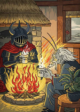 Cozy Fireplace Scene Knight Wizard