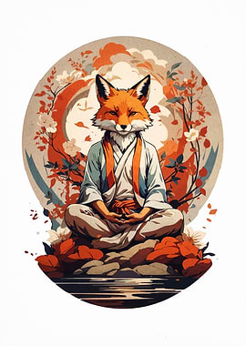 Meditating Fox in Japanese Art Style