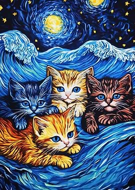 Kittens in a Starry Night Painting