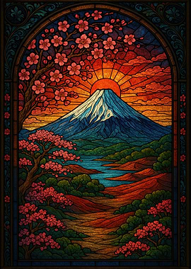 Mount Fuji Stained Glass Landscape