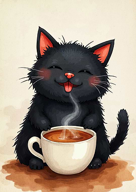 Cute Black Cat with Coffee Cup