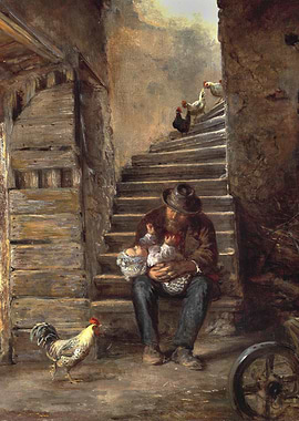 Rustic painting of man with babies