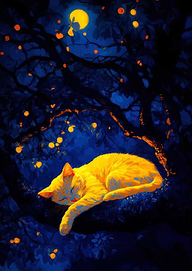 Sleeping Cat in Tree at Night