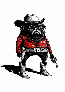 Pug Cowboy with Gun