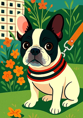 Cartoon French Bulldog in Garden Setting