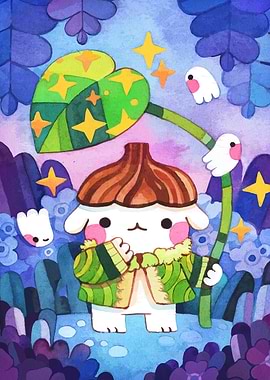 Cute Forest Creature with Leaf Umbrella