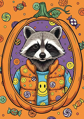 Trick-or-Treat Raccoon in Pumpkin Frame