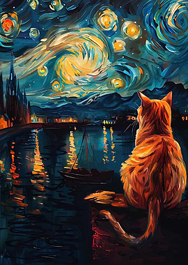 Cat gazing at Starry Night