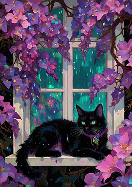 Black cat on window with flowers