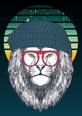 Hipster Lion with Beanie and Glasses