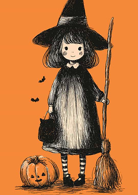 Cute Witch with Pumpkin and Broom