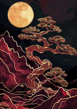Burgundy Mountain Landscape with Bonsai and Moon