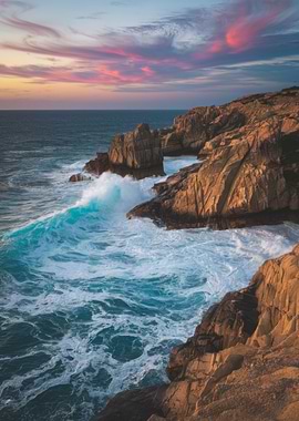 Coastal cliffs and ocean waves at sunset