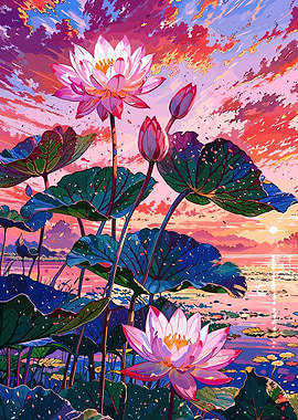 Lotus Flowers at Sunset