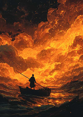 Fiery Voyage: Silhouette on Stormy Seas