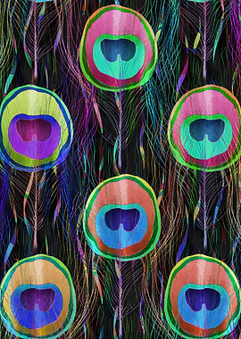 Colorful Peacock Feather Pattern on Black