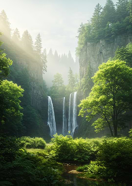 Serene Waterfall in Lush Forest