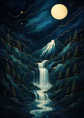 Moonlit Waterfall Landscape with Golden Accents
