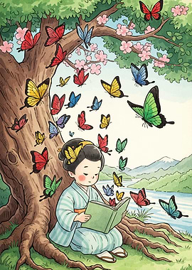 Girl reading book butterfly tree