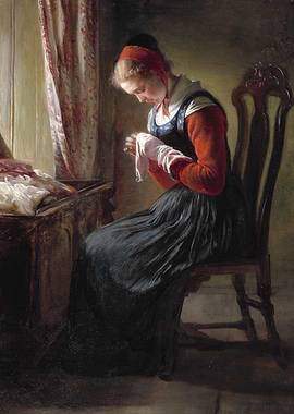 Woman Sewing by Window Painting