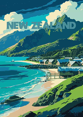 New Zealand Coastal Village Illustration
