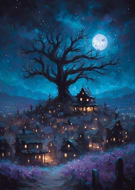 Eerie Village Under Moonlight