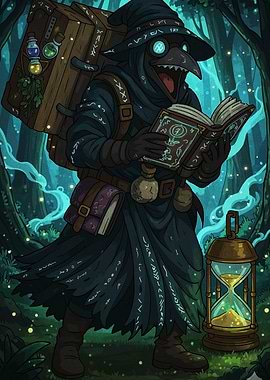 Plague Doctor Reading in Forest