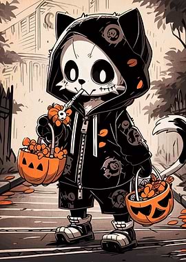 Halloween Cat Skeleton Trick-or-Treating