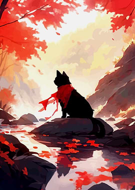 Black Cat in Autumn Landscape