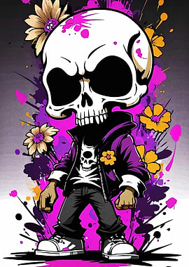Skull Character with Flowers and Graffiti