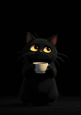 Black Cat with Coffee Cup