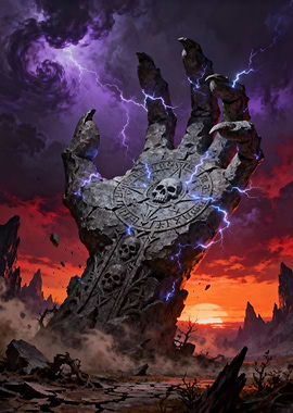 Stone Hand with Skulls and Lightning