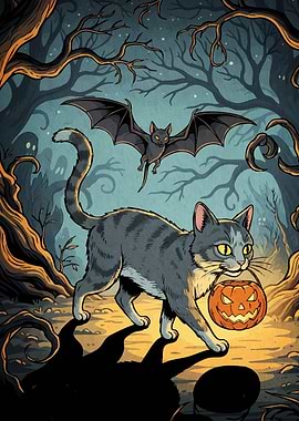 Halloween Cat Pumpkin Bat