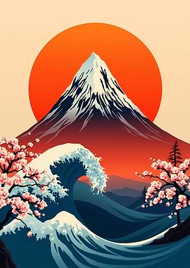 Mount Fuji, Wave, and Cherry Blossoms