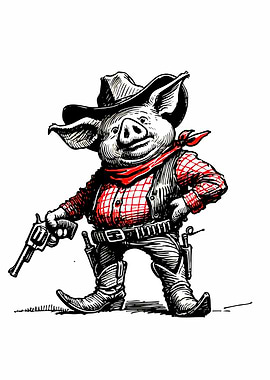 Pig Cowboy with Gun Illustration