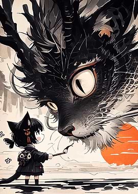 Anime Girl with Giant Cat Painting