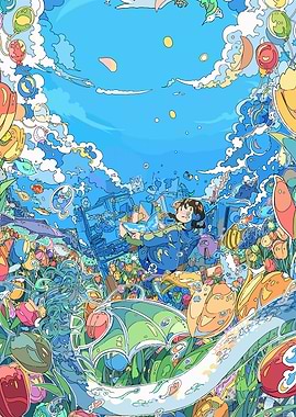 Dreamy Blue Floral Landscape with Girl