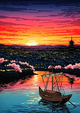 Japanese Landscape Boat Sunset