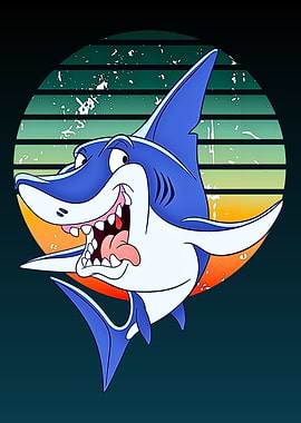 Cartoon Shark with Retro Sunset Background